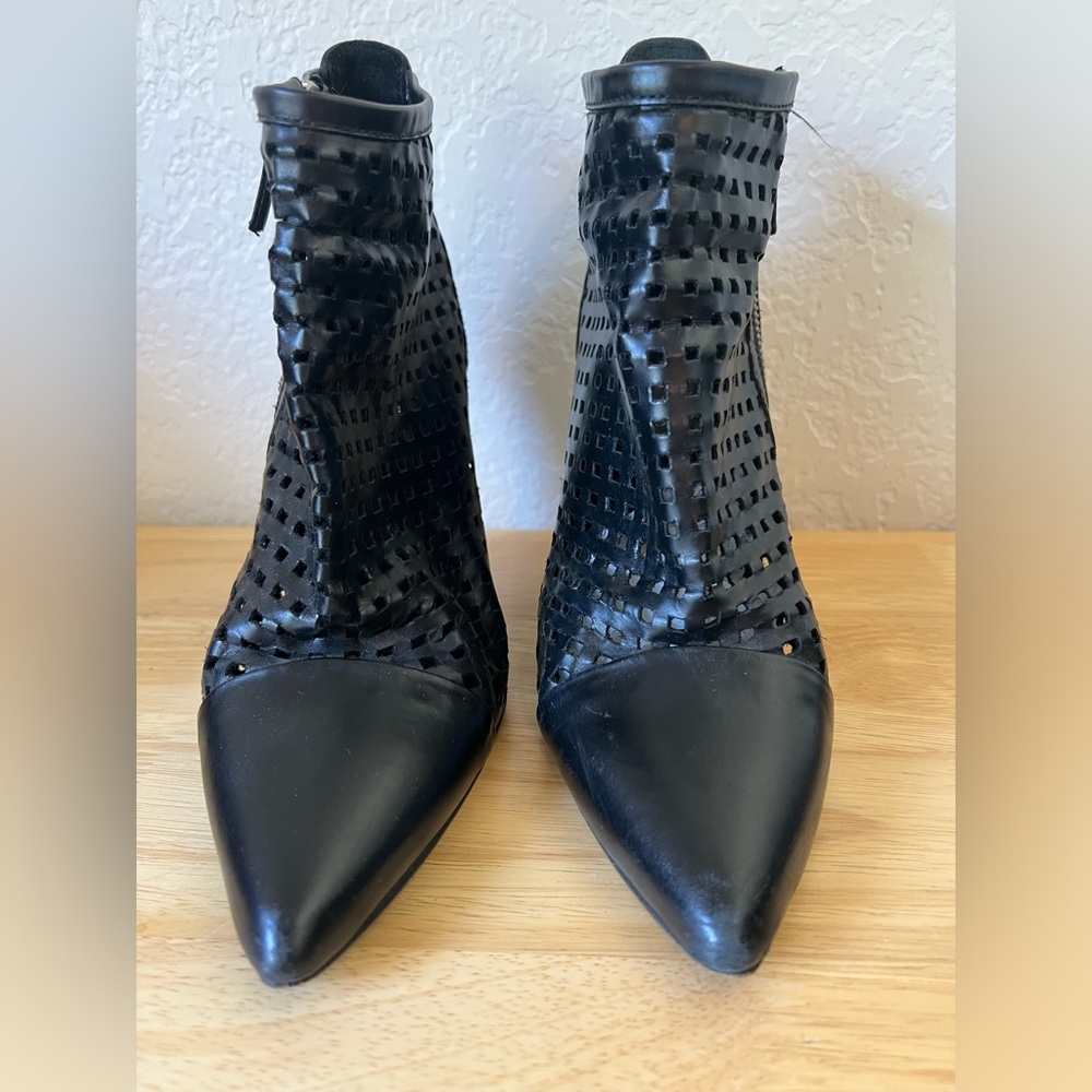 SANDRO Black Leather Wedge Bootie Laser Cut
